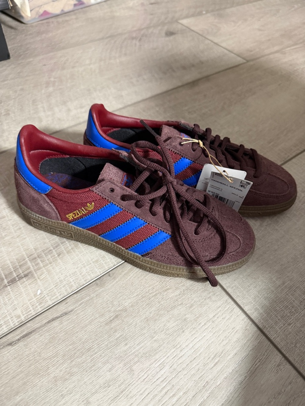 adidas Burgundy Suede Sneakers with Blue Stripes and Red Collar